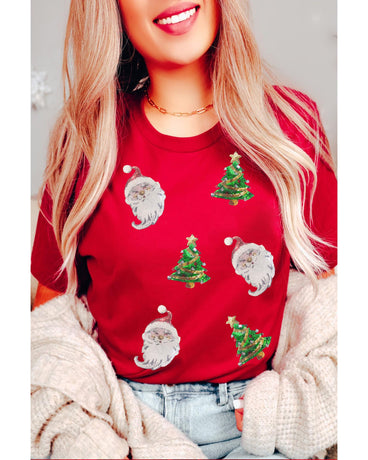 Red Santa Clause Christmas Tree Print Tee -