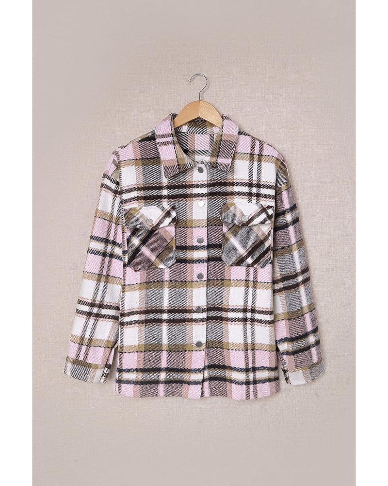 Azura Exchange Pink Geometric Plaid Print Pocketed Shacket - L