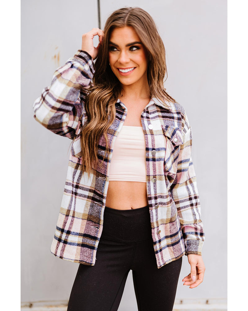Azura Exchange Pink Geometric Plaid Print Pocketed Shacket - L