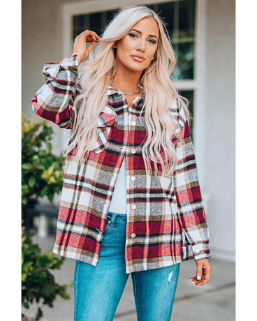 Azura Exchange Red Geometric Plaid Print Pocketed Shacket - L
