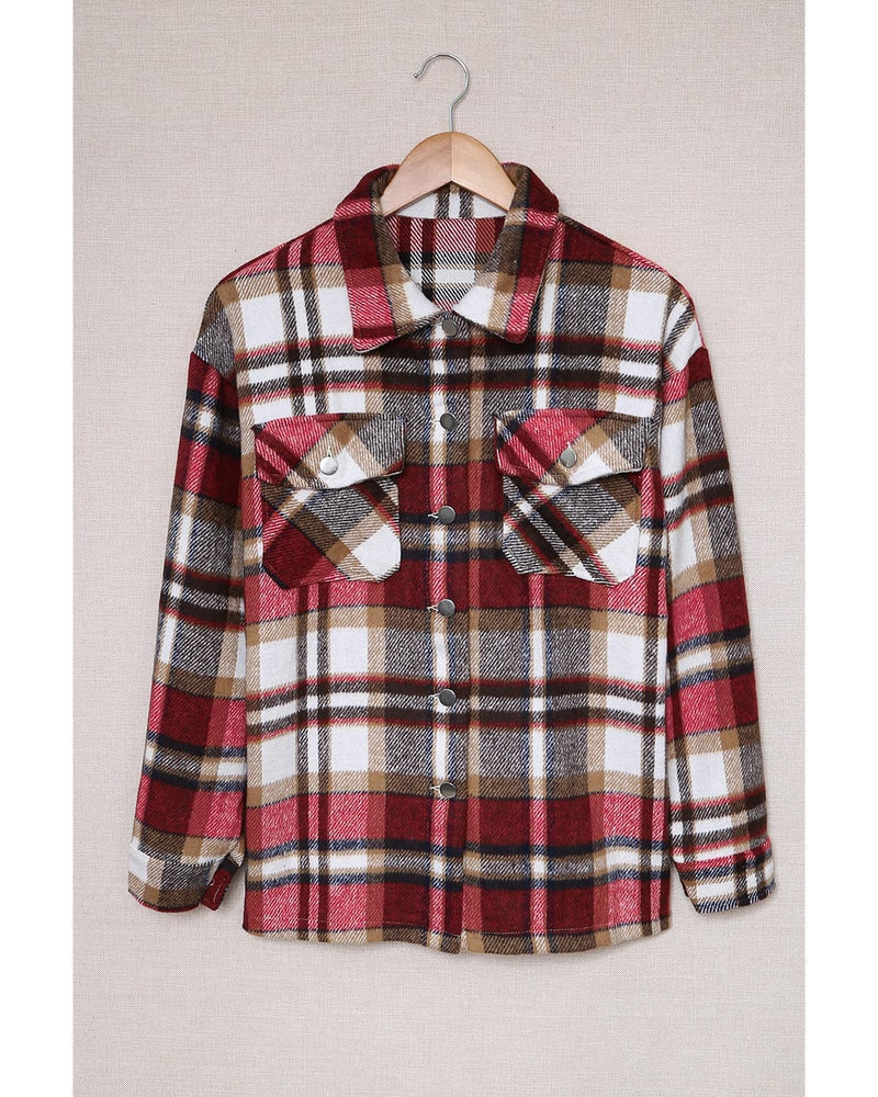 Azura Exchange Red Geometric Plaid Print Pocketed Shacket - L