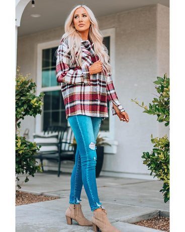 Azura Exchange Red Geometric Plaid Print Pocketed Shacket - M