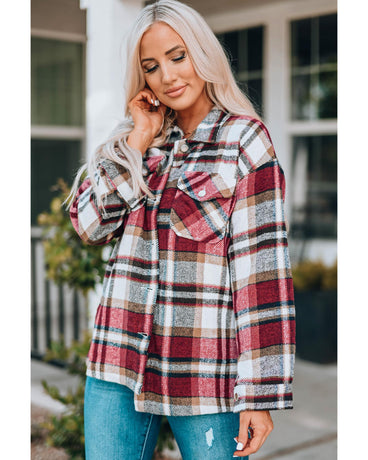 Azura Exchange Red Geometric Plaid Print Pocketed Shacket - M