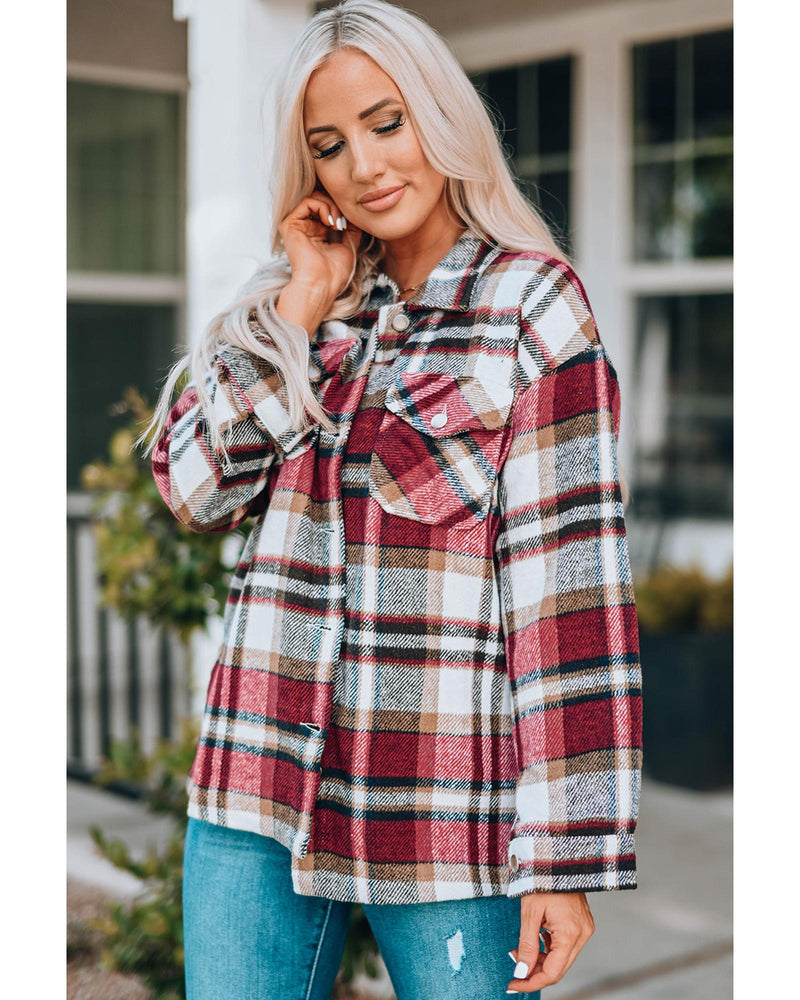 Azura Exchange Red Geometric Plaid Print Pocketed Shacket - S