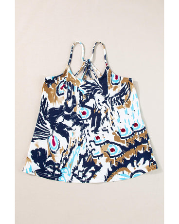 Beige Floral Spaghetti Straps Strappy Back Tank Top - S