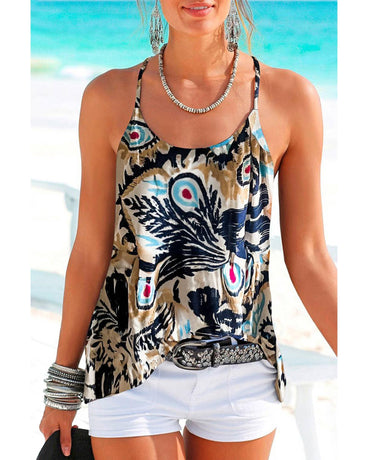 Beige Floral Spaghetti Straps Strappy Back Tank Top - S