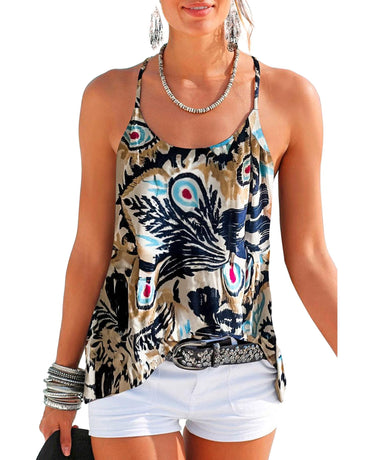 Beige Floral Spaghetti Straps Strappy Back Tank Top - S