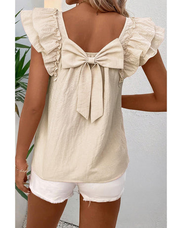Beige Textured Bow Knot Frilled Butterfly Sleeve Blouse - L