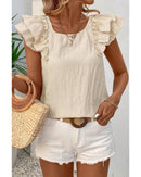 Beige Textured Bow Knot Frilled Butterfly Sleeve Blouse - L