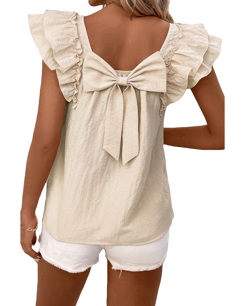 Beige Textured Bow Knot Frilled Butterfly Sleeve Blouse - L