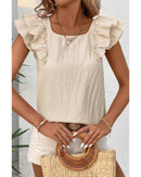 Beige Textured Bow Knot Frilled Butterfly Sleeve Blouse - M