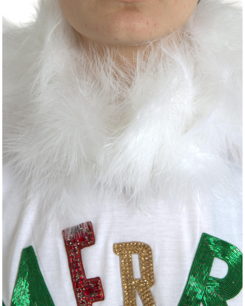 Dolce & Gabbana Women's White Cotton Christmas Sequin Fur T-shirt - 38 IT