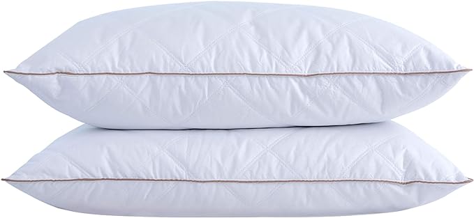 Puredown Goose Feathers and Down Pillow with Diamond Quilting Breathable Downproof Cover, Pack of 2, Standard Size