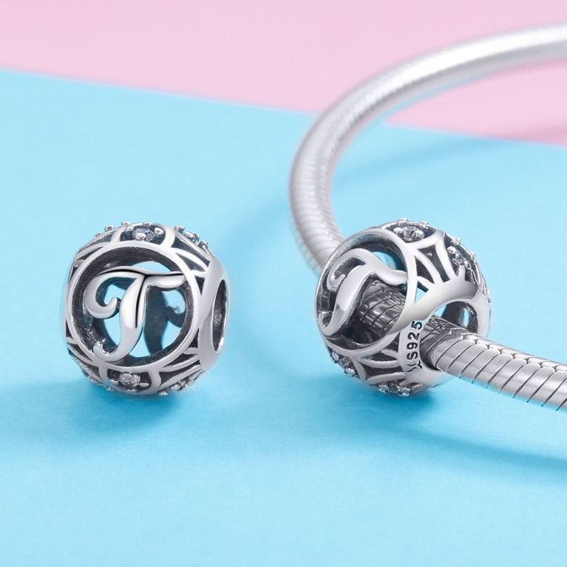 925 Sterling Silver Letter Beads For Diy Bracelets & Necklaces Style - T
