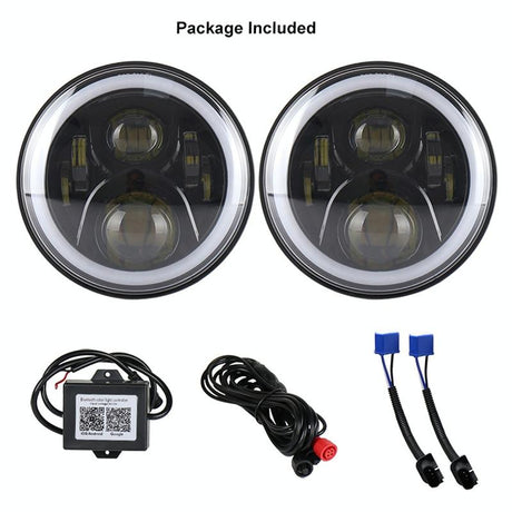 2 Pcs 7 Inch Dc12V 6000K - 6500K 50W Car Led Headlight Cree Lamp Beads For Jeep Wrangler / Harley Support App + Bluetooth Control Black