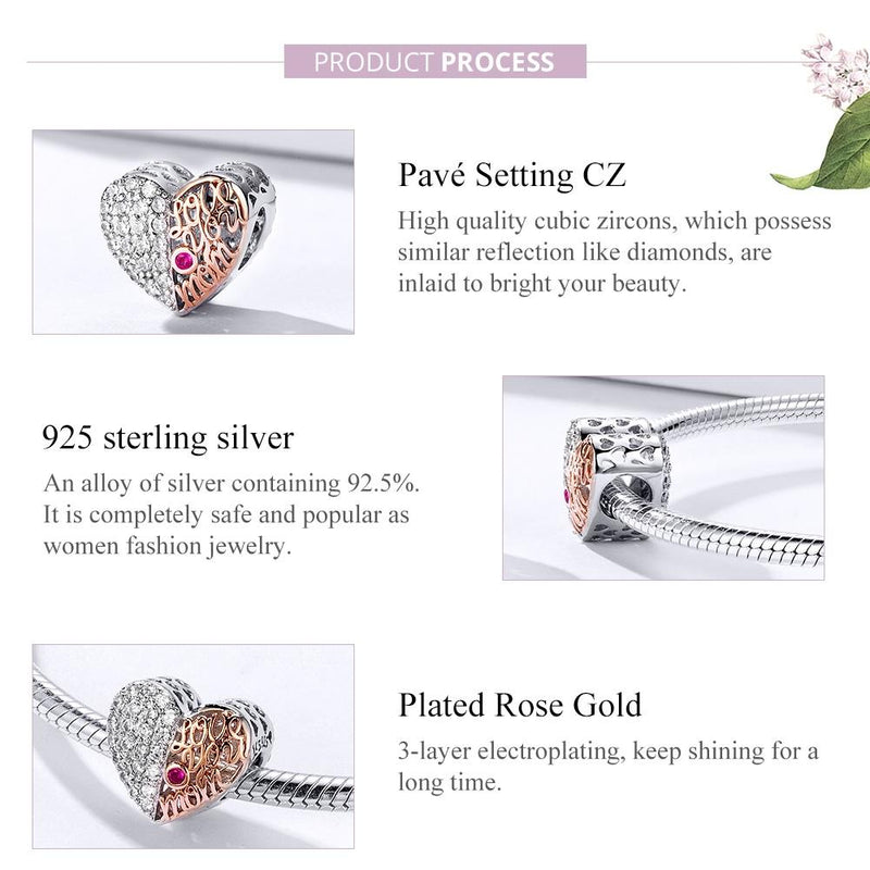925 Sterling Silver Mother'S Heart Bead Pendant For Diy Bracelets And Necklaces
