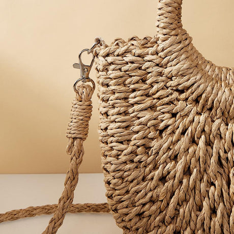 Beige Half Moon Straw Tote Woven Beach Bag - Camel