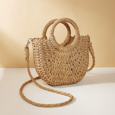 Beige Half Moon Straw Tote Woven Beach Bag - Camel