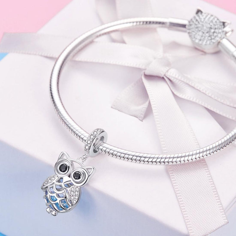 925 Sterling Silver Blue Zircon Owl Pendant For Diy Bracelets Movable Style - Pendant