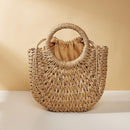 Beige Half Moon Straw Tote Woven Beach Bag - Beige