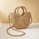 Beige Half Moon Straw Tote Woven Beach Bag - Beige