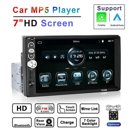 7 Inch Mp5 Bluetooth Carplay Player With Reversing Camera - Standard + 4 Lights