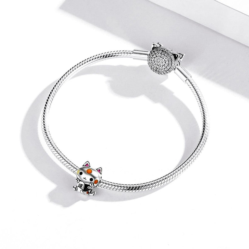 925 Sterling Silver Lucky Cat Bead For Diy Bracelet Or Necklace