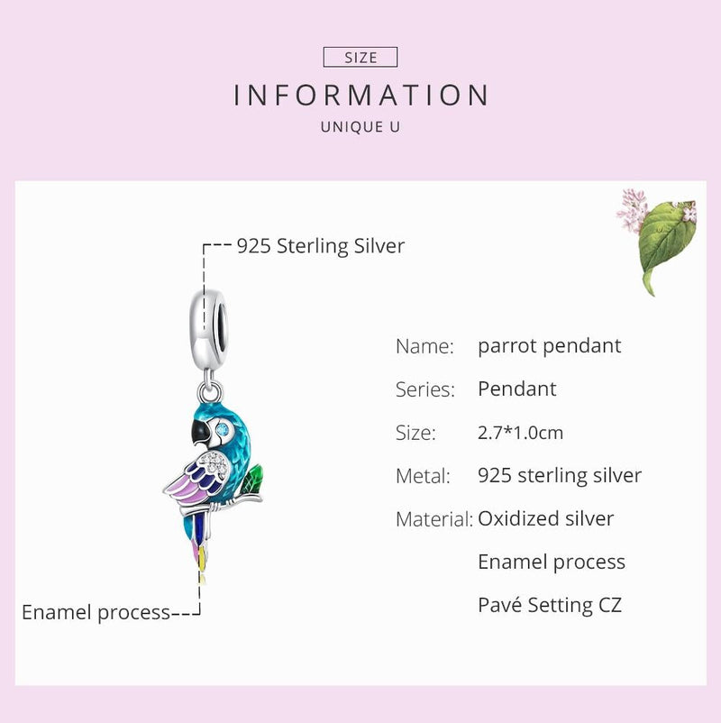 925 Sterling Silver Parrot Pendant For Bracelet Or Necklace