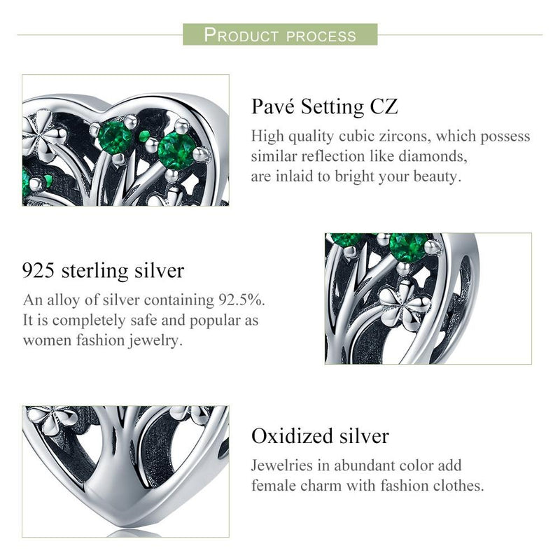 925 Sterling Silver Tree Of Life Heart Bracelet & Clear Beads