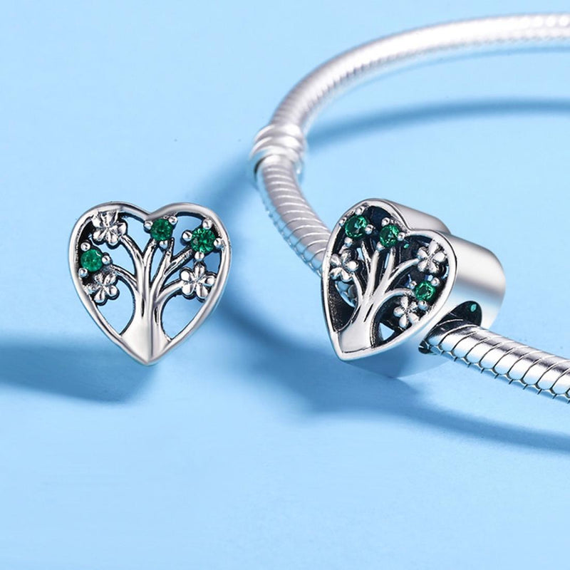 925 Sterling Silver Tree Of Life Heart Bracelet & Clear Beads