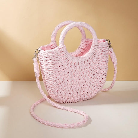 Beige Half Moon Straw Tote Woven Beach Bag - Rose Red
