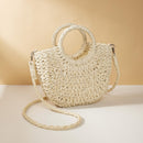 Beige Half Moon Straw Tote Woven Beach Bag - Rose Red