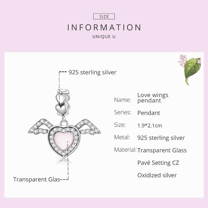 925 Sterling Silver Heart Wing Pendant For Diy Bracelets & Necklaces