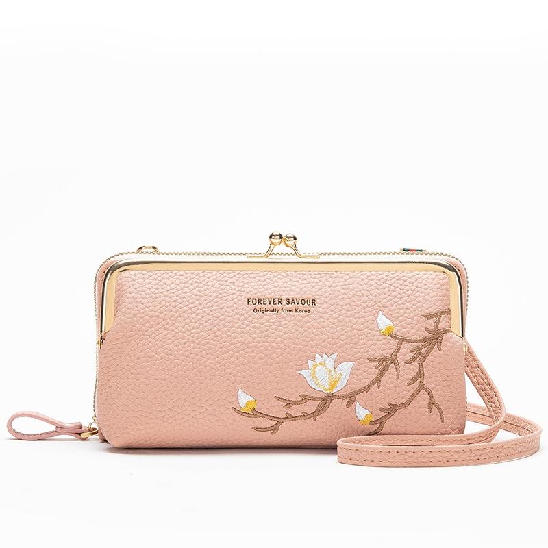 Black Embroidered Crossbody Wallet With Large Capacity - Pink