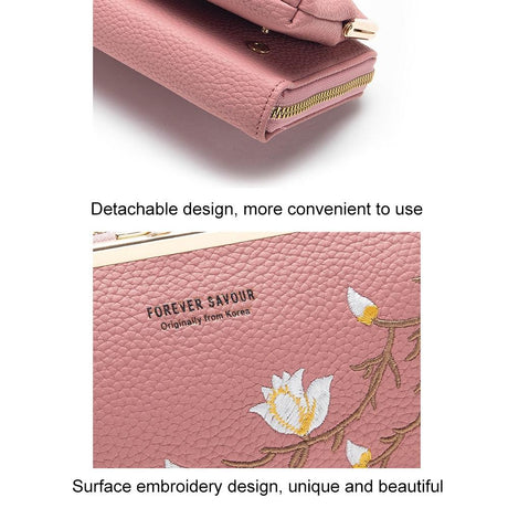 Black Embroidered Crossbody Wallet With Large Capacity - Pink