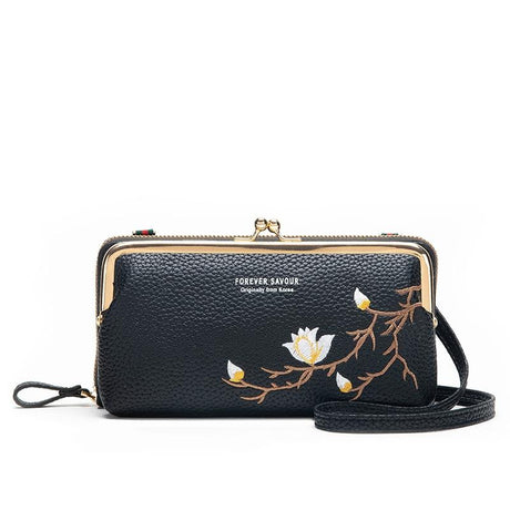 Black Embroidered Crossbody Wallet With Large Capacity - Pink