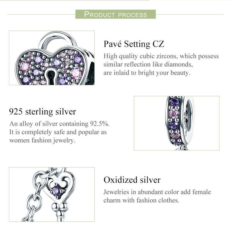 925 Sterling Silver Heart Key Safety Chain For Accessories