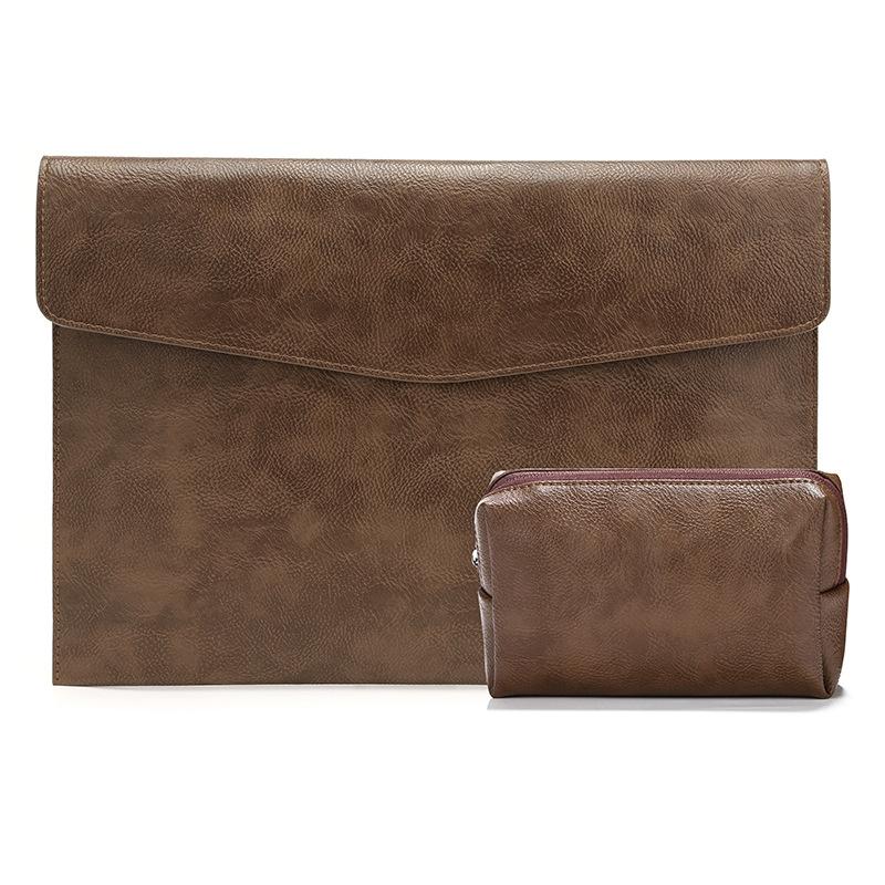 13.3 Inch Laptop Sleeve & Power Bag - Litchi Pattern Pu Leather Dark Brown