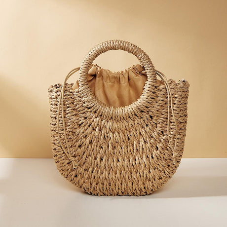 Beige Half Moon Straw Tote Woven Beach Bag - Pink