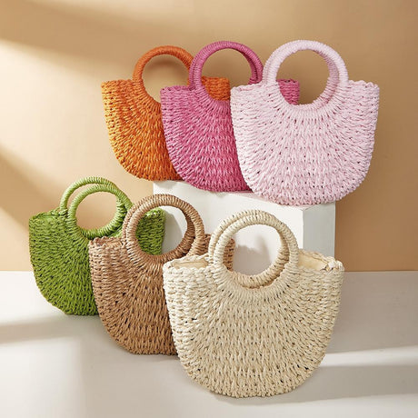 Beige Half Moon Straw Tote Woven Beach Bag - Pink