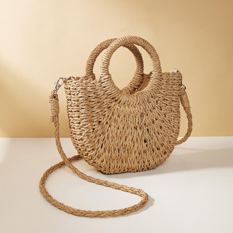 Beige Half Moon Straw Tote Woven Beach Bag - Pink