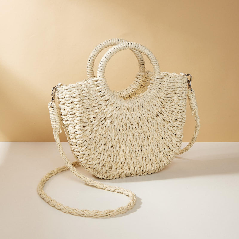 Beige Half Moon Straw Tote Woven Beach Bag - Pink