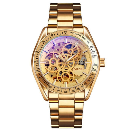 Golden Steel Band Automatic Skeleton Watch For Men