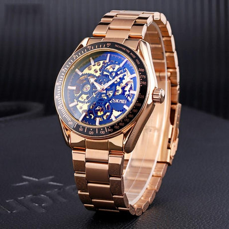 Golden Steel Band Automatic Skeleton Watch For Men
