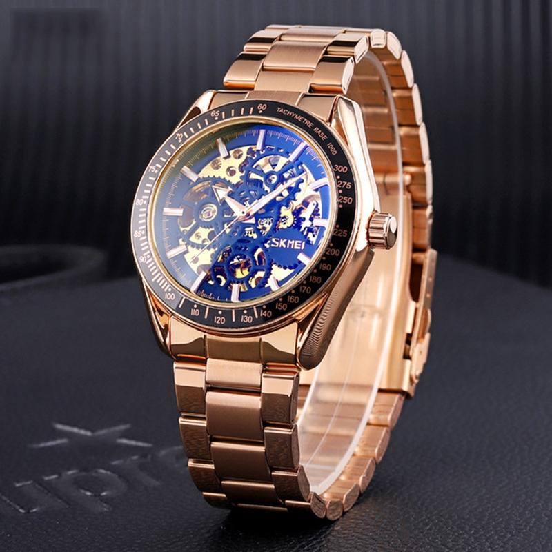Golden Steel Band Automatic Skeleton Watch For Men