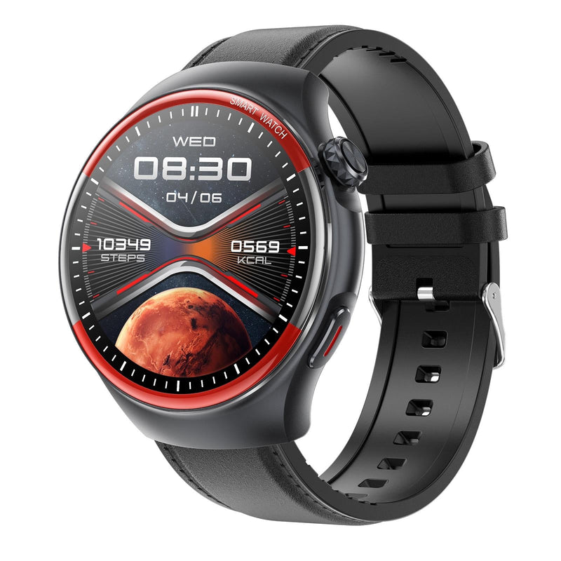 Smart Round Screen Watch With Bt Call And Health Tracking - Leather - Leather Black