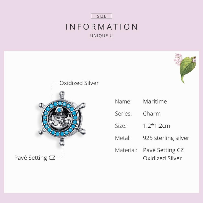 925 Sterling Silver Diy Boat Rudder Bracelet & Blue Beads