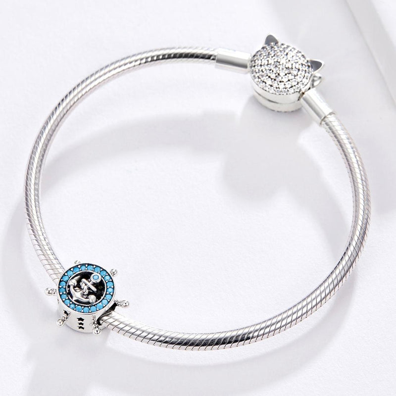 925 Sterling Silver Diy Boat Rudder Bracelet & Blue Beads
