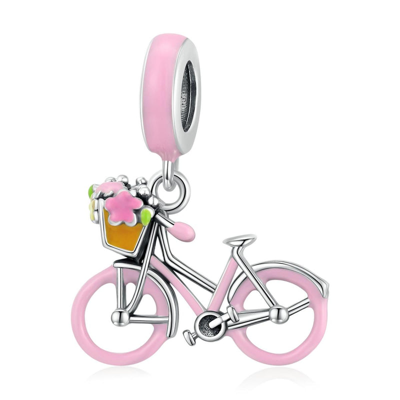925 Sterling Silver Pink Bicycle Pendant For Bracelet Or Necklace