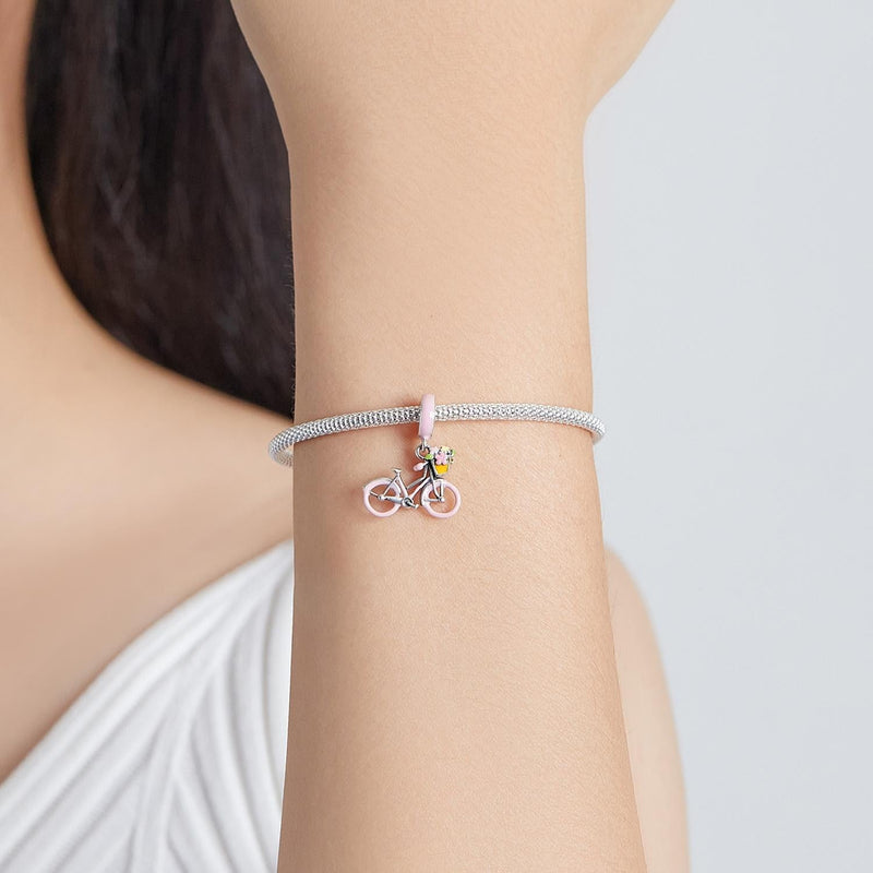 925 Sterling Silver Pink Bicycle Pendant For Bracelet Or Necklace